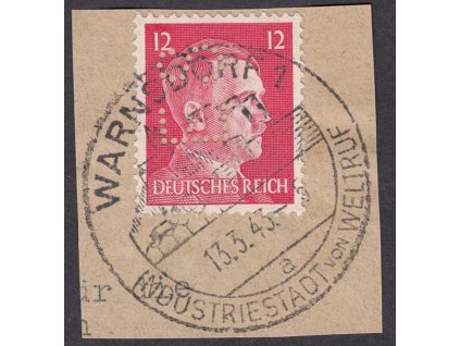 Sudety, Warnsdorf, perfin E S na známce 12 Pf Hitler, prošlé v roce 1943,