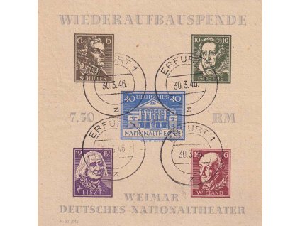 Thüringen, 1946, aršík Wiemar-theatre, MiNr.Bl.3Ba, razítkované, dv