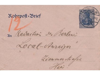 1903, DR Berlín, celinová obálka 30Pfg pro Potrubní poštu
