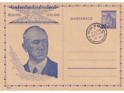 1945, Prezident Beneš, přítisk na dopisnici 60 h Ratolest, pamětní razítko,
