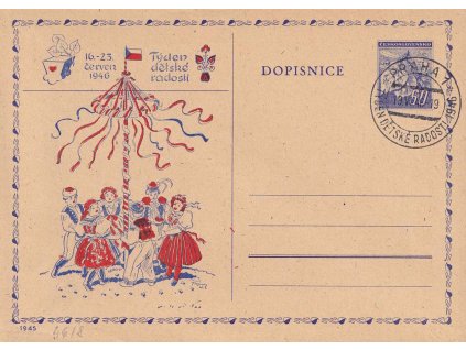 1946, Týden dětské radosti, přítisk na dopisnici 60 h Ratolest, pamětní