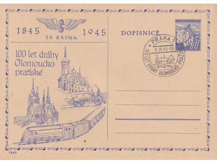 1945, 100 let dráhy Olomoucko-pražské, přítisk na dopisnici 60 h Ratolest,