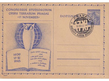 1945, Orbis Terrarum Prague, přítisk na dopisnici 60 h Ratolest, dv