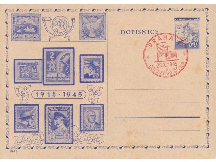 1945, Oslavy 28. října, přítisk na dopisnici 60 h Ratolest, razítko, skvrnky