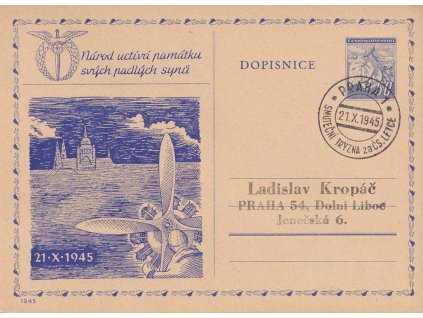 1945, Tryzna za čs. letce, přítisk na dopisnici 60 h Ratolest, pamětní razítko