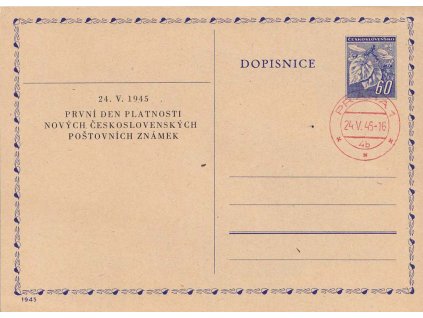 1945, První den platnosti čs. známek, přítisk na dopisnici 60 h Ratolest,