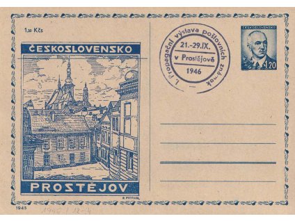 1946, Výstava známek Prostějov, přítisk na dopisnici 60 h Ratolest,