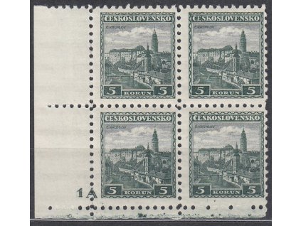 1932, 5Kč Krumlov, rohový 4blok s DČ 1A + dvojitá moletáž Č.KRUMLOV, Nr.267, **
