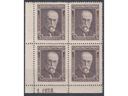 1928, 3Kč Masaryk, rohový 4blok s DČ, Nr.241, **