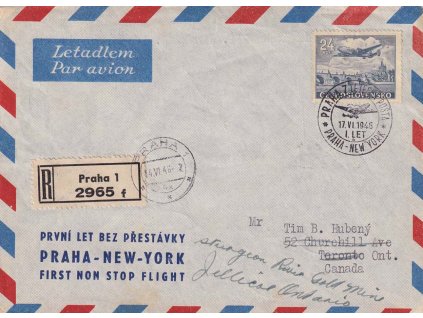 1946, 1. let Praha-New York, let. dopis, zasláno do Kanady, hledané