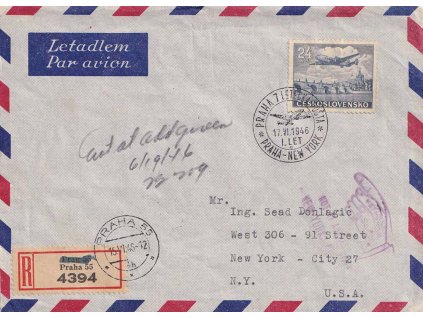 1946, 1. let Praha-New York, let. dopis, vráceno zpět, stopy provozu
