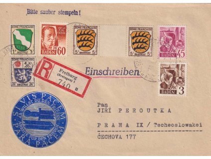 Baden, 1948, DR Freiburg, R-dopis vyfr. pestrou frankaturou známek, prošlé