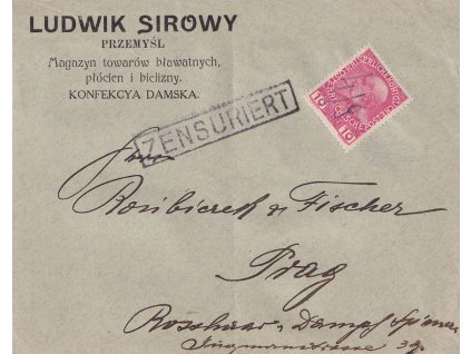 1914, dopis zaslaný z Przemysle do Prahy, cenzura, datumovka, přeloženo