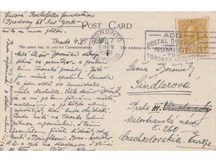 Kanada, 1926, DR Toronto, pohlednice zasl. do ČSR, nepatrné omačkání