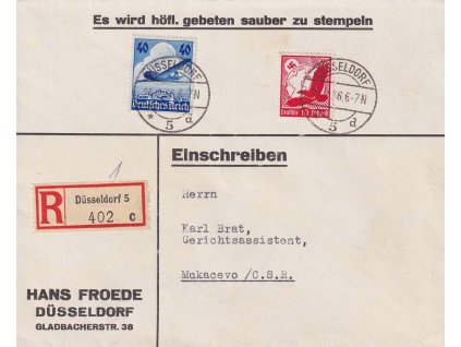 1936, DR Düsseldorf, R-dopis zaslaný do Mukačeva, stopy pošt. provozu,