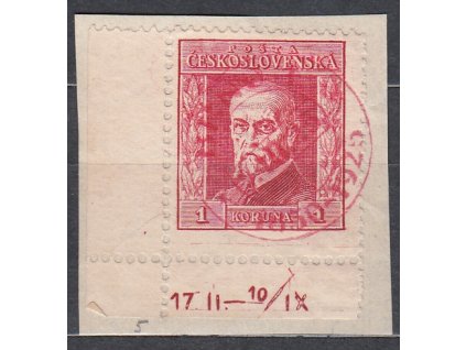 Výstřižek se zn. 1Kč TGM, I.typ, rohový kus s DČ 17 II-10/IX, razítkované