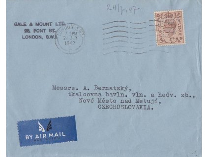 Anglie, 1947, perfin GaM Ltd, DR London, let. dopis zasl. do ČSR, omačkání