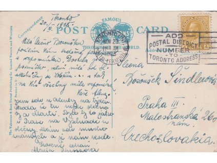 Kanada, 1925, DR Toronto, pohlednice zasl. do ČSR, nepatrné omačkání