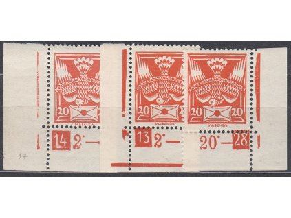 20h oranžová, 3 ks roh. kusů s DČ 13,14,28, Nr.148, **, 1krát stopa po nálepce na okraji mimo zn.