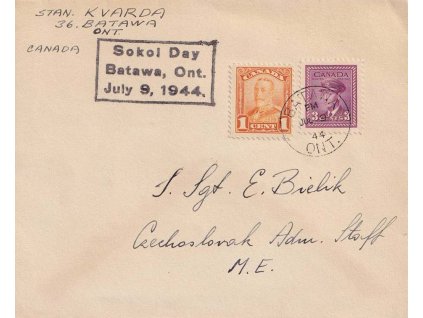 Kanada, 1944, DR Batawa + Sokol Day, dopis zasl. v místě, hezké