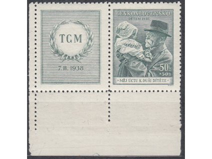 1938, 50h Masaryk, levý rohový kupon s částí kroužku na dolním okraji, Nr.333, **