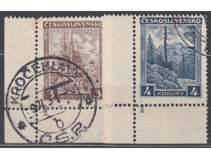 1929, 3Kč Brno a 4Kč Tatry, obě rohové s DČ 1, Nr.254,355, razítkované, dv