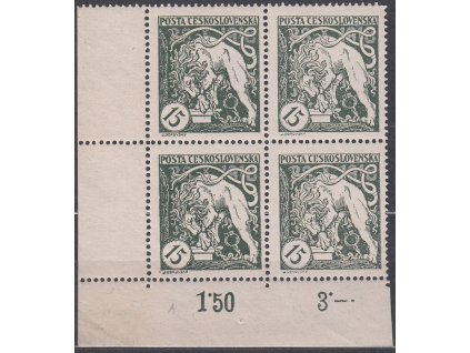 15h zelená, Hz.13 3/4:13 1/2, rohový 4blok s DČ - přerušená pomlčka za "3", Nr.27A, **