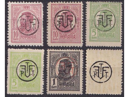 1918, 1-10 B Karel s přetiskem, 6 kusů, MiNr.248-250, různé * a vynechávky