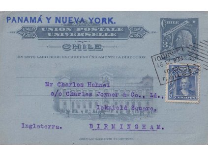Chile, 1909, DR Tquique, dopisnice zaslaná do Anglie, lehká omačkání,