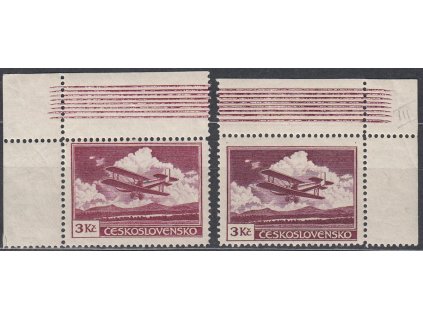 3Kč fialová, III.typ, L+P horní roh. kusy s bordurou na okraji, Nr.L10, **