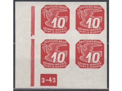 10h červená, levý roh. 4blok s DČ 3-43 - přerušovaný rám, Nr.NV14, **