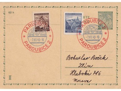 1940, Pardubice 1340-1940, II. díl dopisnice, na rubu bez textu