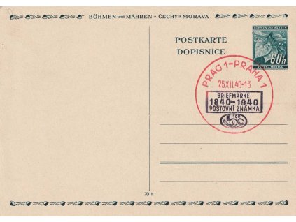 1940, Praha, Výročí poštovní známky 1840-1940, dopisnice, neprošlé, dv