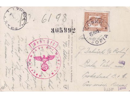 1943, DR Sofia, pohlednice zaslaná v roce 1943 do Protektorátu, cenzura,