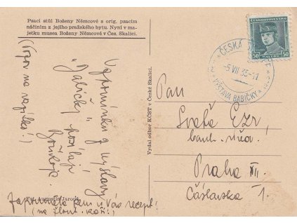 1935, Česká Skalice, Výstava babičky, zasláno do Prahy, stopy provozu