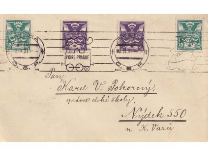 1921, Veletrh Foire Prague, dopis zaslaný do Nýdku, stopy stáří a provozu