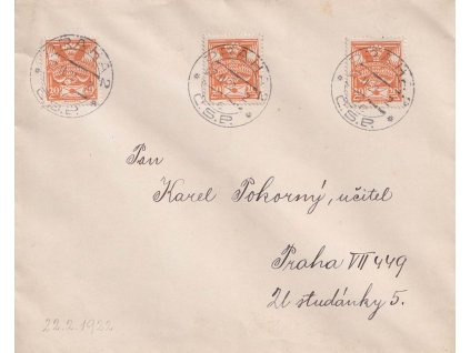 1922, Praha 2 22.2.22-2, oblíbené dvojkové datum, dopis zasl. v Praze