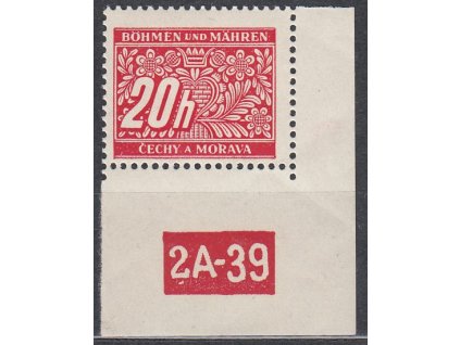 20h červená, pravý roh. kus s DČ 2A-39, varianta Y, Nr.DL3, **
