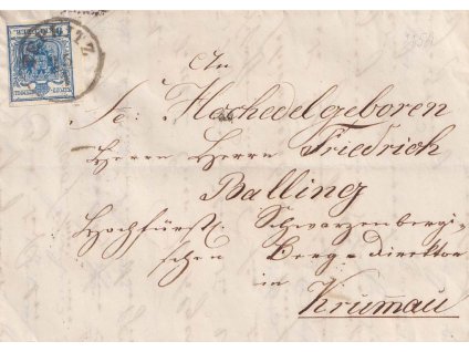1854, DR Teplitz, skládaný dopis vyfr. zn. 9 Kr, zasláno do Krumau,