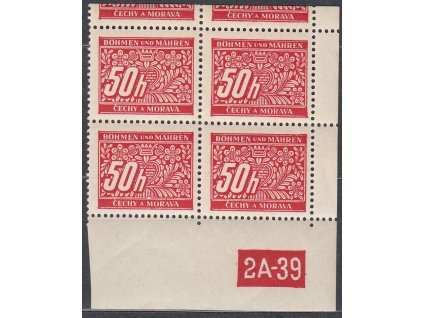 50h červená, pravý roh.4blok s DČ 2A-39 s horním okrajem, varianta X, Nr.DL6, **