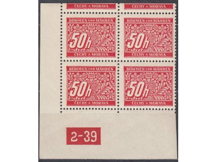 50h červená, levý roh.4blok s DČ 2-39 s horním okrajem, varianta Y, Nr.DL6, **