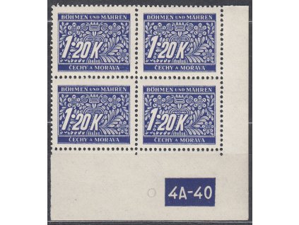 1.20K modrá, pravý roh. 4blok s DČ 4A-40, varianta Y, Nr.DL10, **