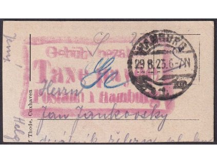 1923, DR Hamburg + Gebühr bezahlt Taxe percue Postamt 1 Hamburg,