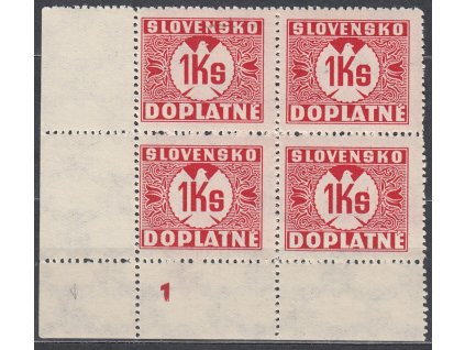 1Ks červená, průsvitka 2, roh. 4blok s DČ 1, Nr.DL20, **