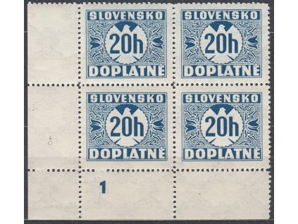 1940, 20h modrá, průsvitka 1, roh. 4blok s DČ 1, Nr.DL15, **