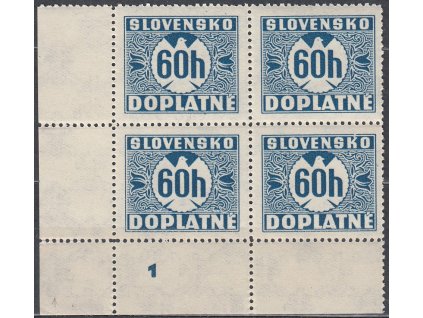 1940, 60h modrá, průsvitka P1, roh. 4blok s DČ 1, Nr.DL19, **