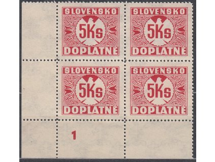 5Ks červená, průsvitka 1, roh. 4blok s DČ 1, Nr.DL22, **