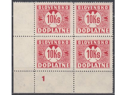 10Ks červená, průsvitka 1, roh. 4blok s DČ 1, Nr.DL23, **