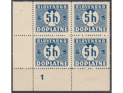 1939, 5h modrá, vodorovný rastr, rohový 4blok s DČ 1, Nr.DL1, **