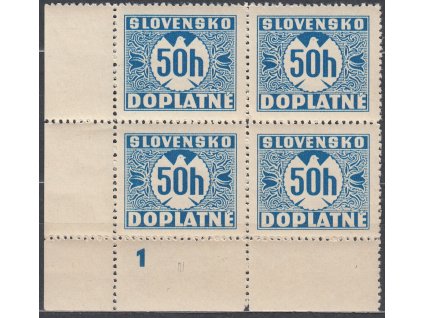 1939, 50h modrá, svislý rastr, rohový 4blok s DČ 1, Nr.DL6, **/*, rohová zn. s DČ - **